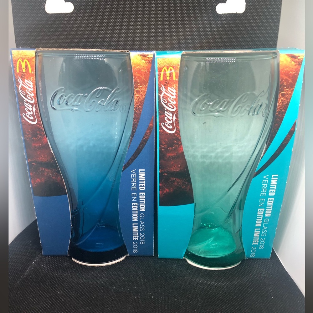 Coca-Cola Turquoise and Blue Glass Pair with Embossed Logo